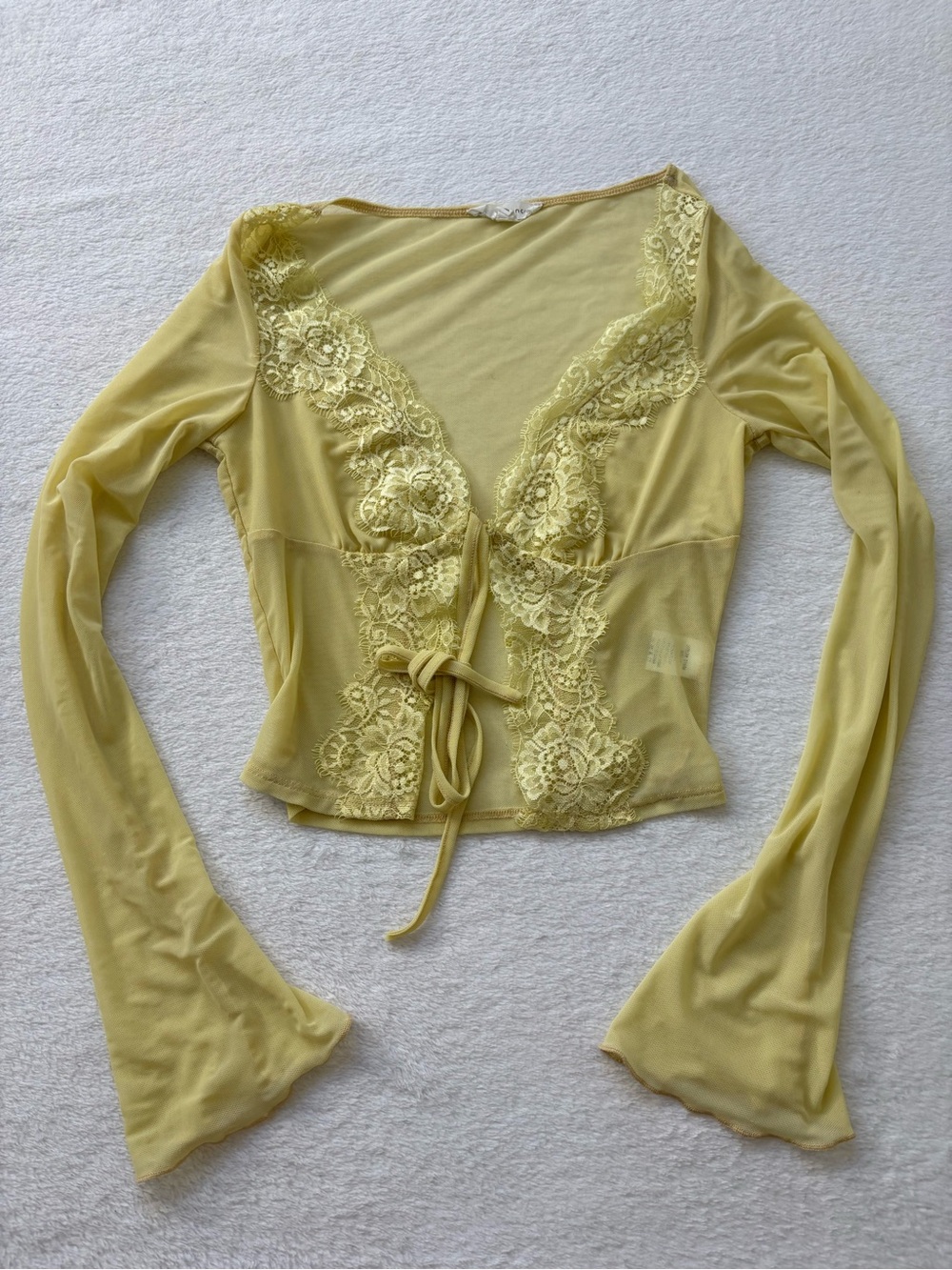 Sheer Lace-Trim Tie-Front Women's Top in Pale Yellow